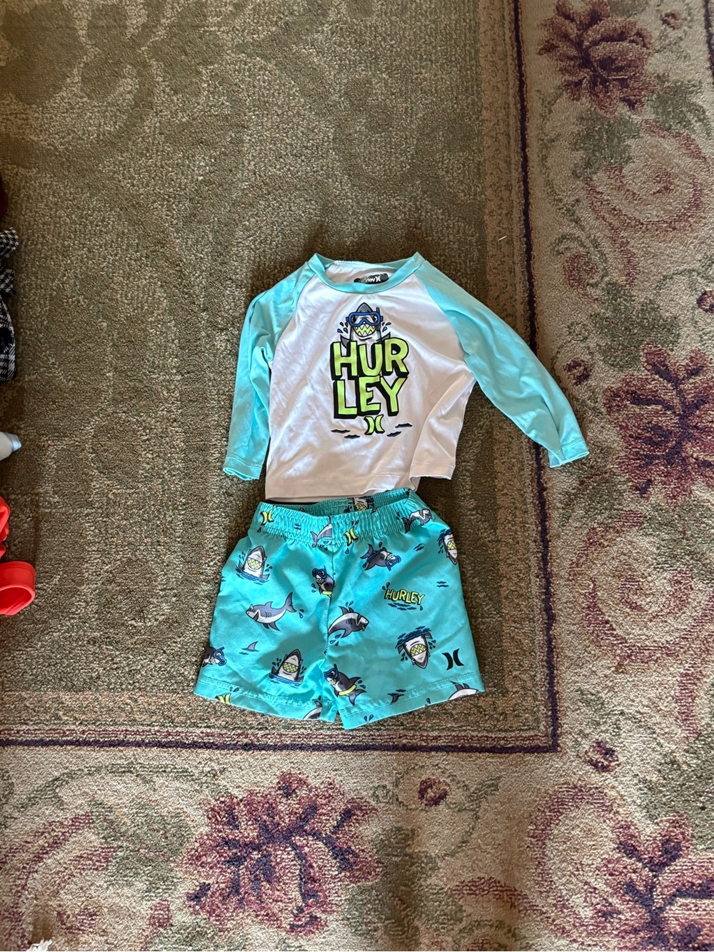 Hurley Kids Turquoise and White Rash Guard Set with Shark Print